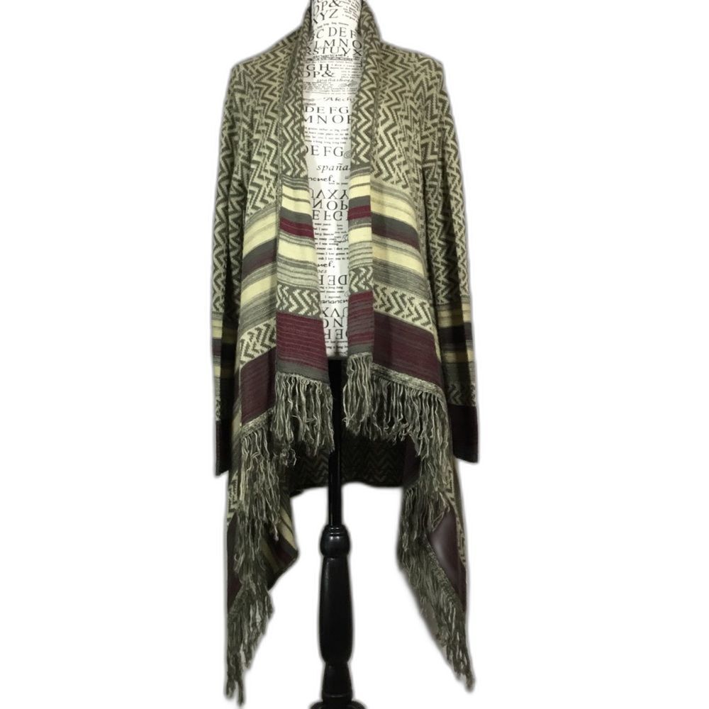 Earthbound fringed open front asymmetrical chevron pattern duster sz L lagenlook